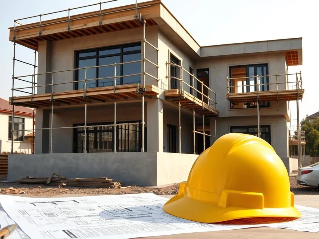 İskelesi kurulu, kaba inşaatı süren iki katlı villa; önde sarı baret ve proje çizimleri